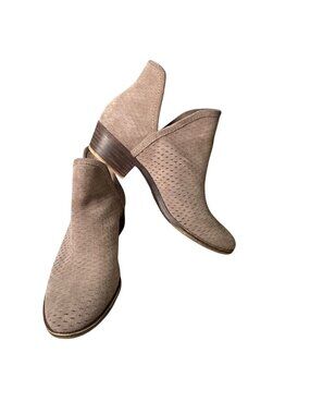 Lucky Brand Suede Cutout Ankle Booties Women's 8 Taupe Stacked Heel Comfort